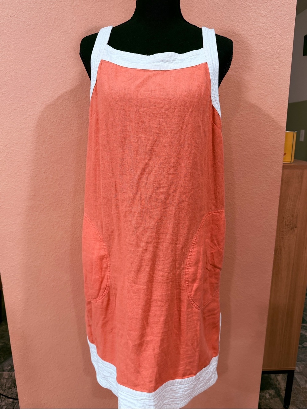 Sleeveless Coral shift Linen Dress with White Trim
